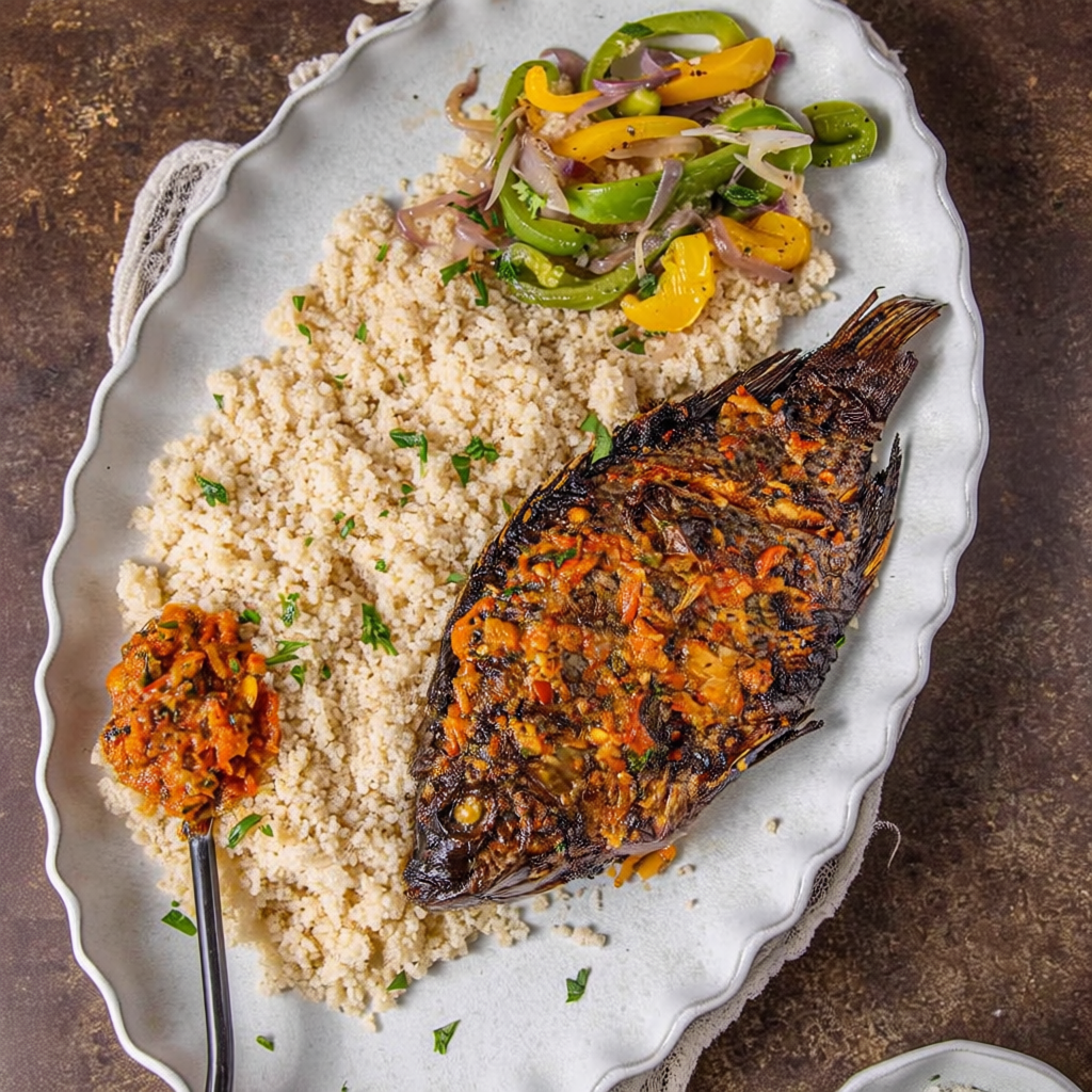photo Attiéké with Grilled Fish – West African Cassava Couscous Dish